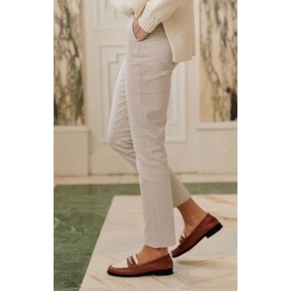 Sezane Tan Houndstooth High Waisted Cigarette Pants Size 38 Tapered Ankle Leg